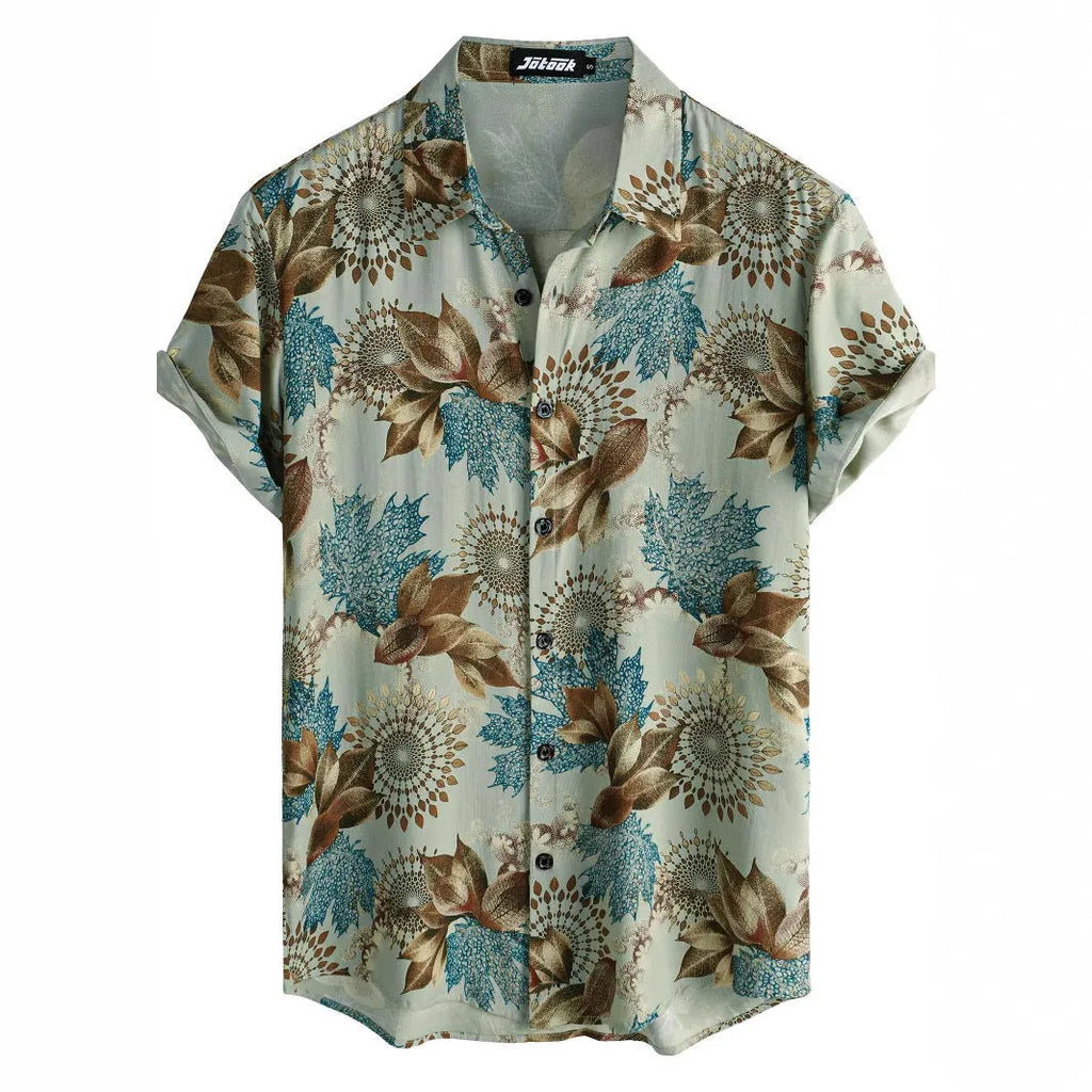 Short sleeve cardigan-style shirt with a Hawaiian floral print on the lapel.