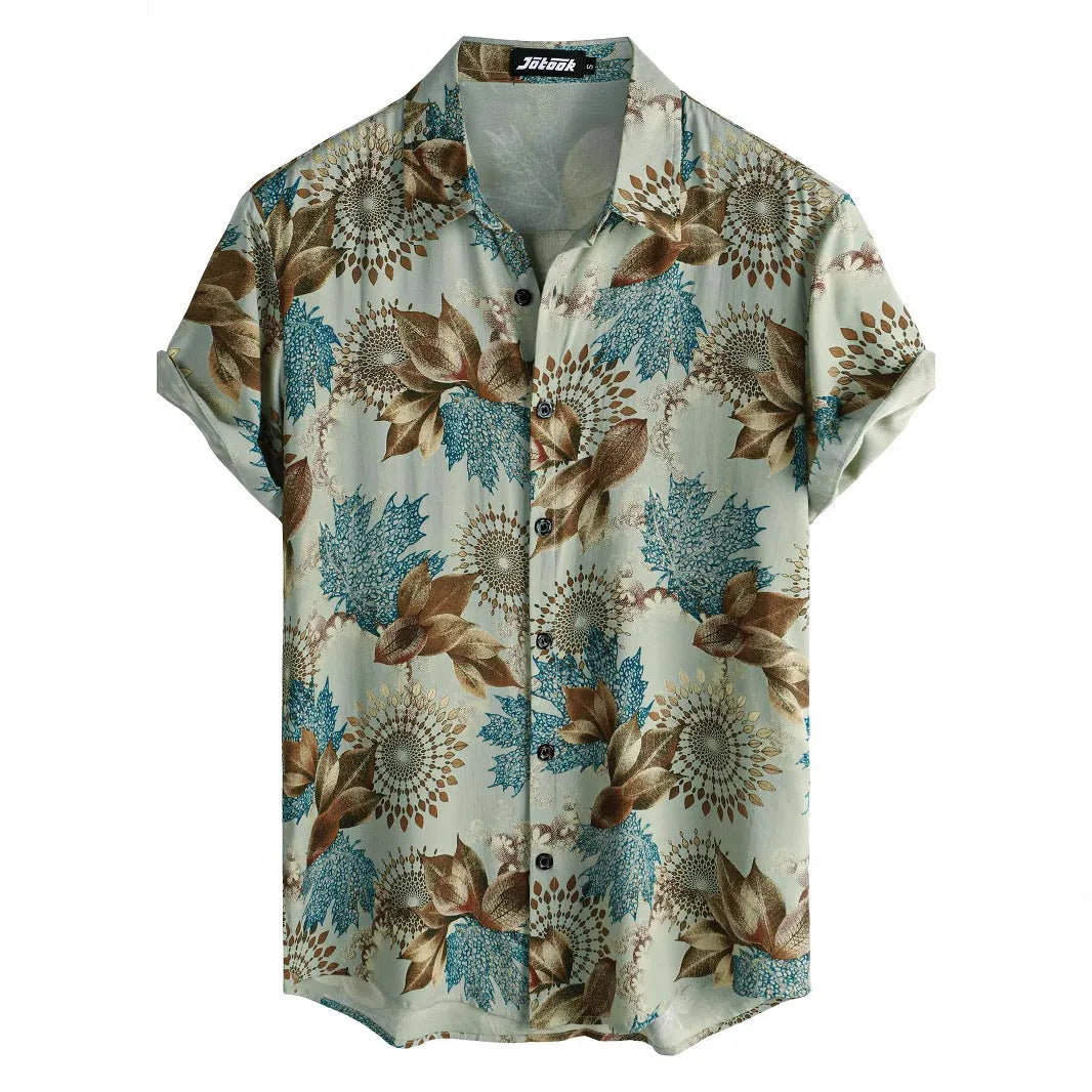 Short sleeve cardigan-style shirt with a Hawaiian floral print on the lapel.