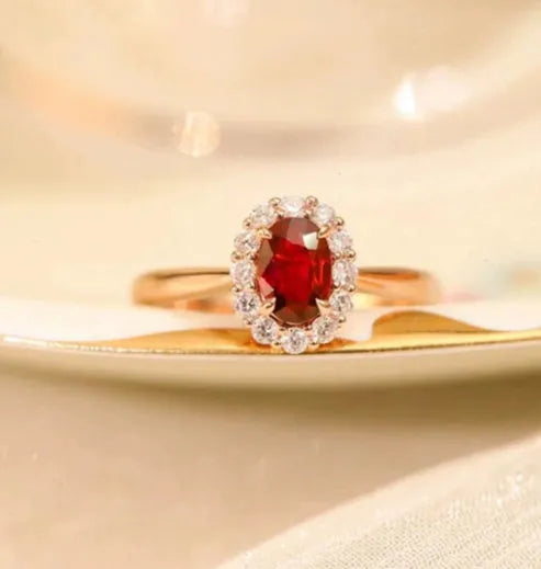Gold Pigeon red blood gemstone sterling silver inlaid ring with floral pattern