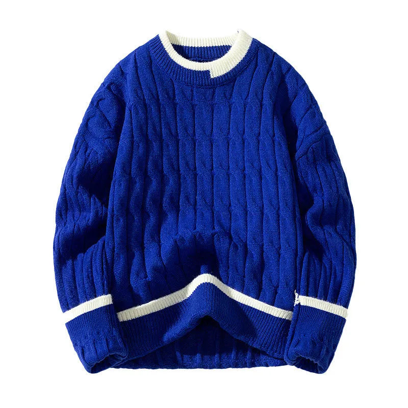 Two loose fit men's long sleeve pullover sweaters folded, shown in light blue and grey colour options.