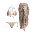 Women's floral pattern bikini set with briefs and matching skirt in creamy-white colour
