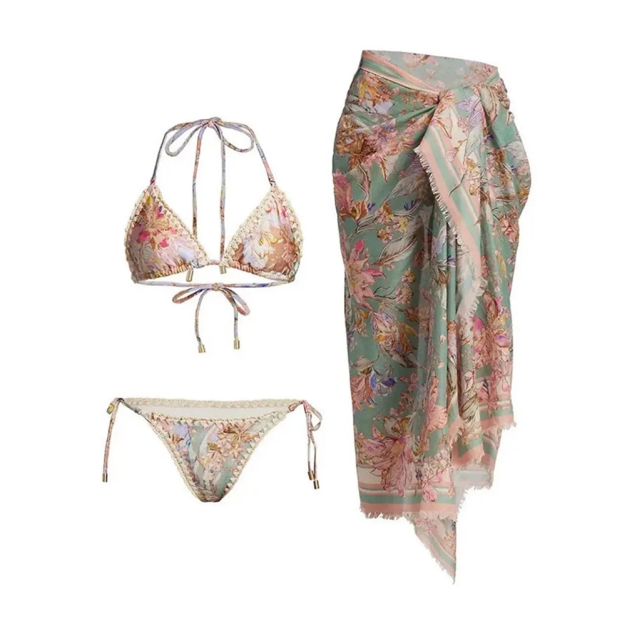 Women's floral pattern bikini set with briefs and matching skirt in creamy-white colour