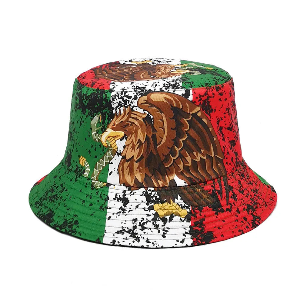 Retro eagle pattern polyester bucket hat with dome crown on a white background.
