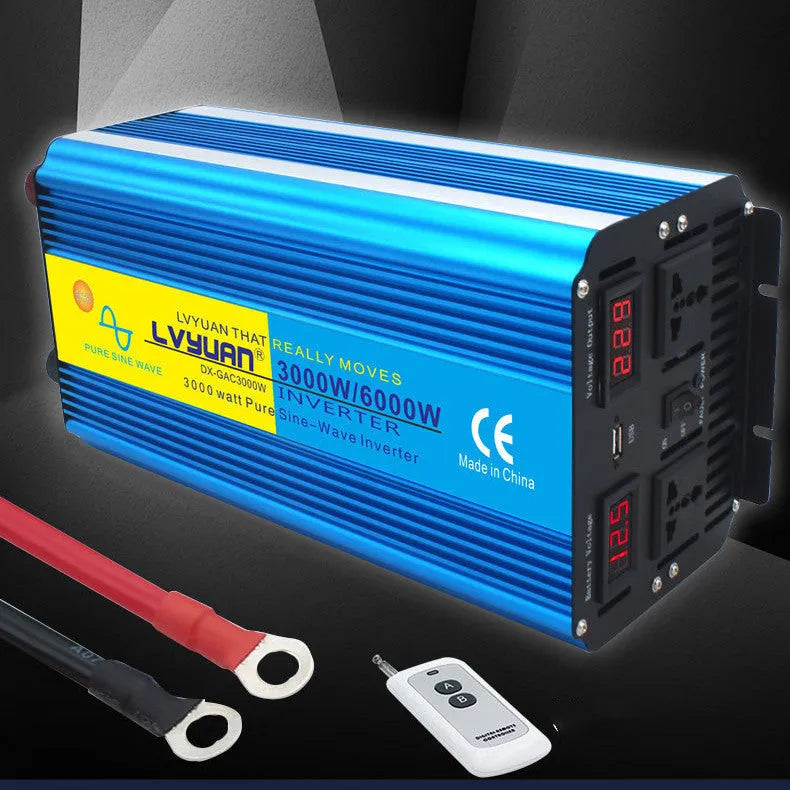 Blue high-power 3000W pure sine wave inverter with digital display and UK socket.