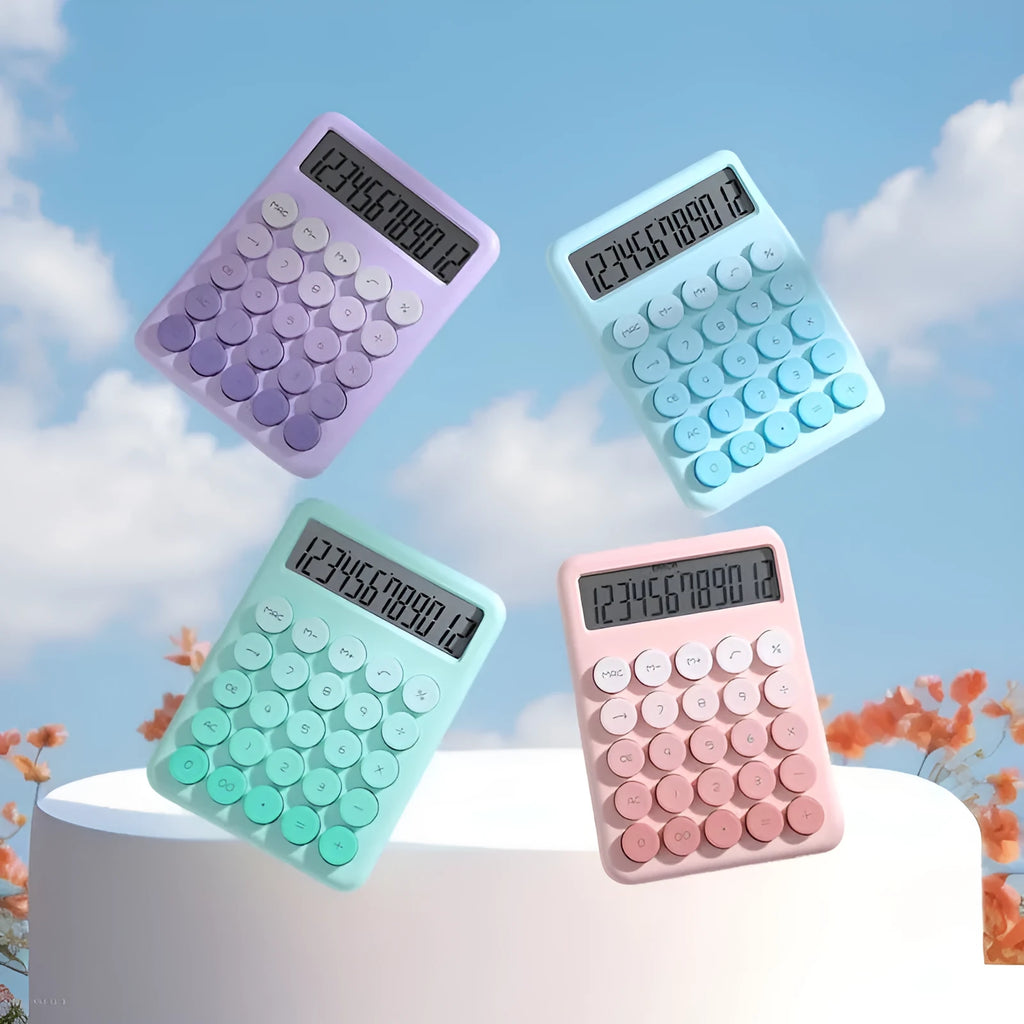 Gradient colour desktop calculator in ABS plastic showing four colour variants.