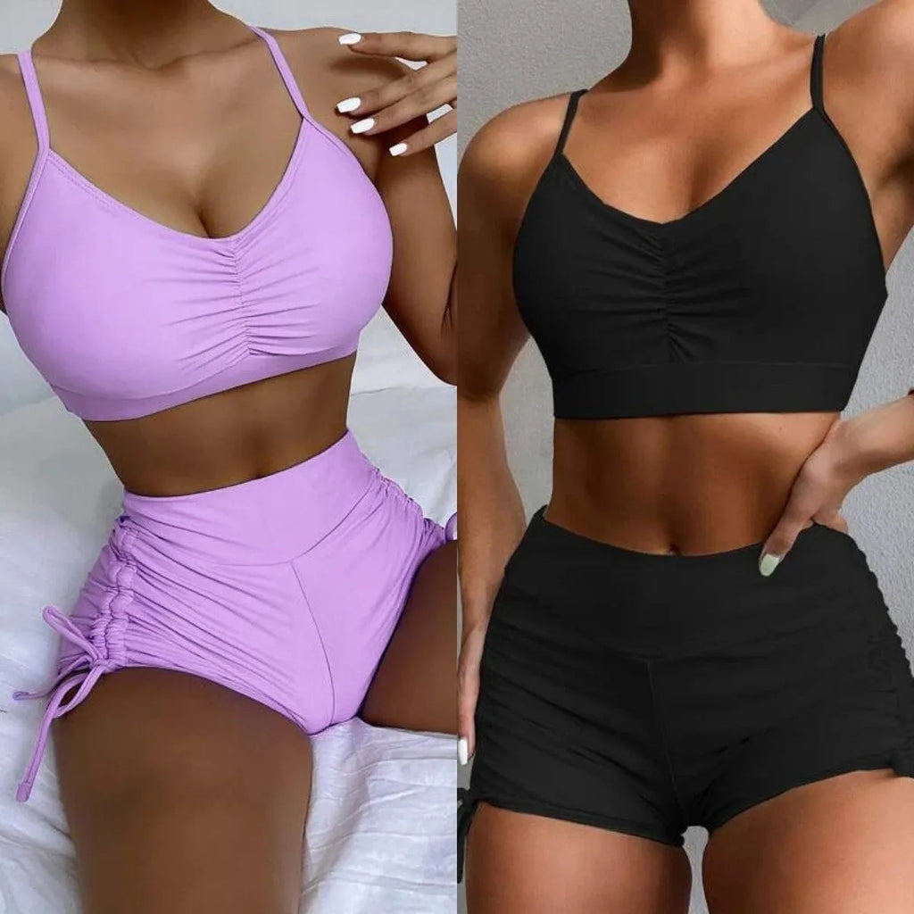Women's purple and black high waist split swimsuit bikini set for swimming activities