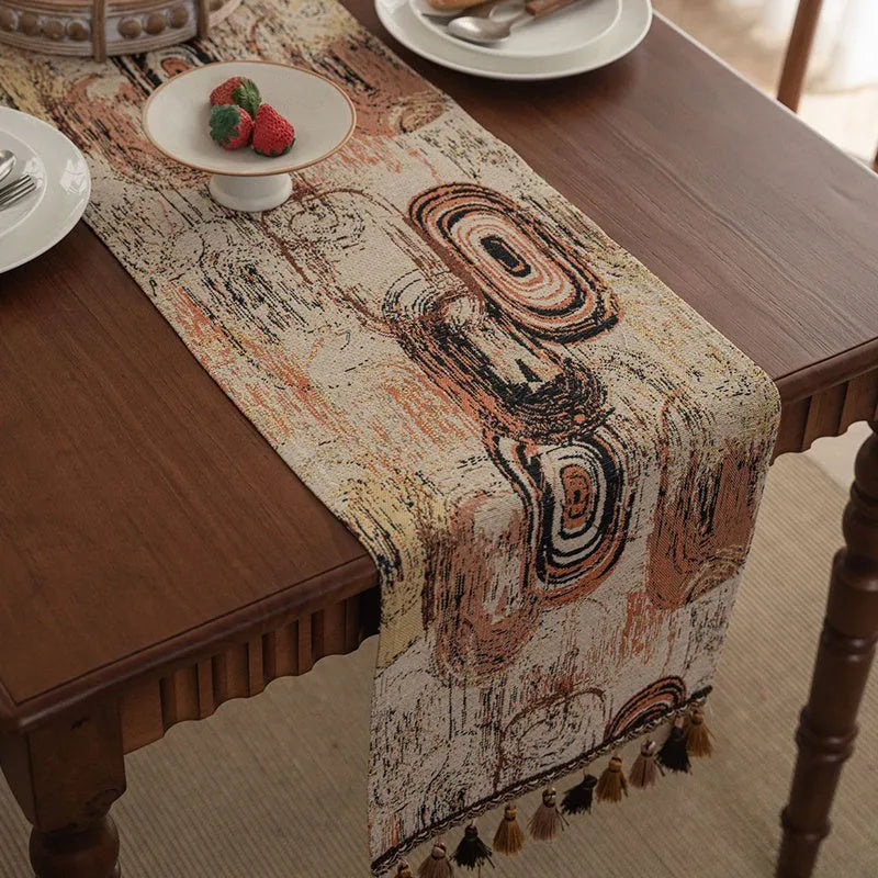 Nordic striped jacquard table runner with tassel trim in dark blue colour.