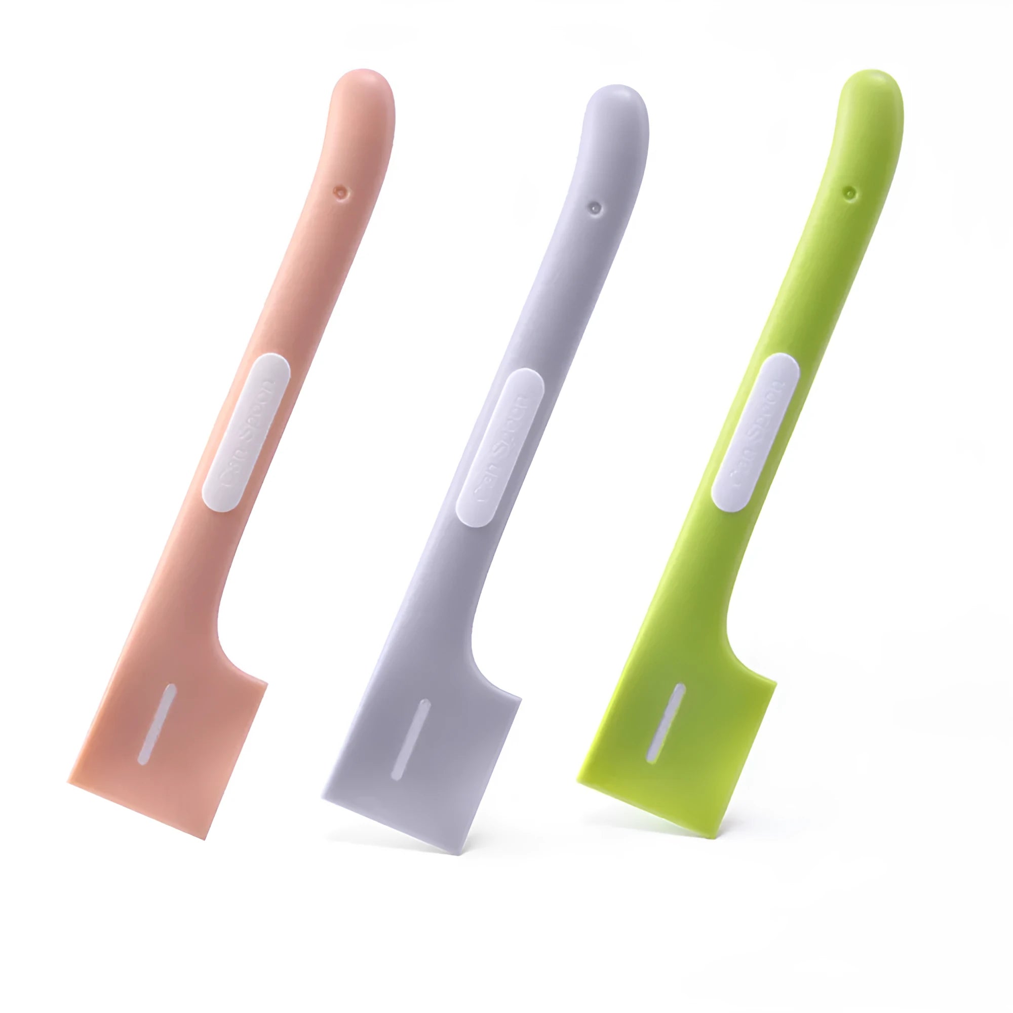 Green, pink, and purple long-handled pet food scoop for canned cat and dog food