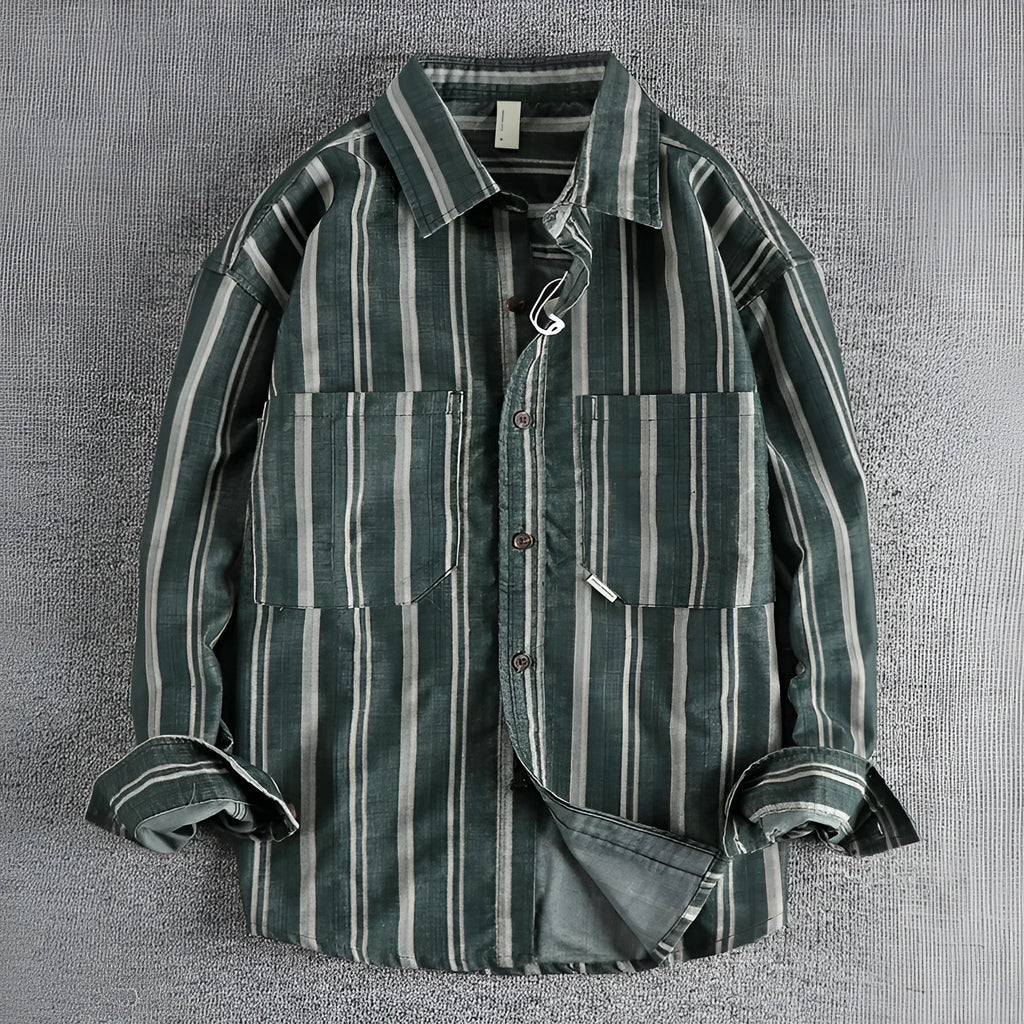 Man wearing a vintage-inspired apricot and brown striped casual shirt with a loose, Japanese retro fit.