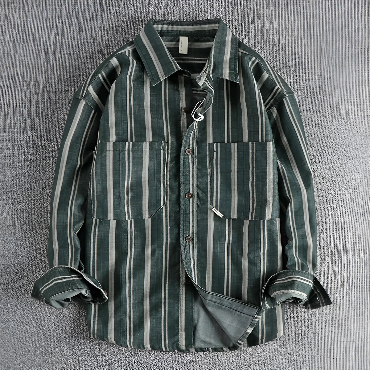Man wearing a vintage-inspired apricot and brown striped casual shirt with a loose, Japanese retro fit.