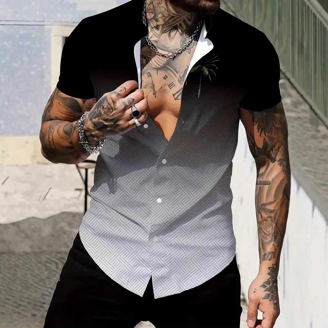 Men's slim fit geometric print short sleeve polyester shirt laid flat, showing lapel and cardigan style.