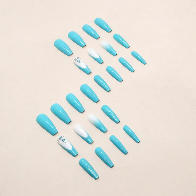 Smart blue long ballet false nails with diamond glitter debris decoration