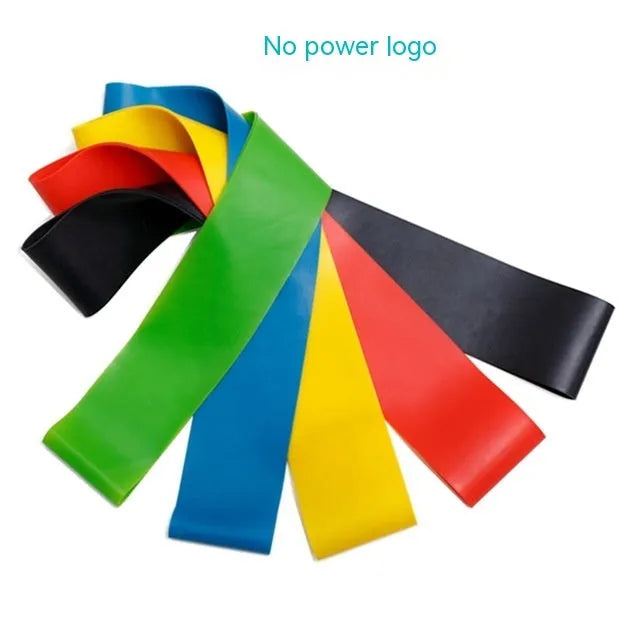 Set of five yoga tension straps in various colours including green, blue, yellow, red, and black options