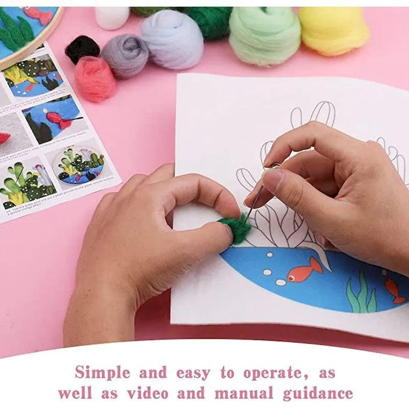 Round linen embroidery kit with wool felt pieces and a 20cm hoop for 3D blanket painting.