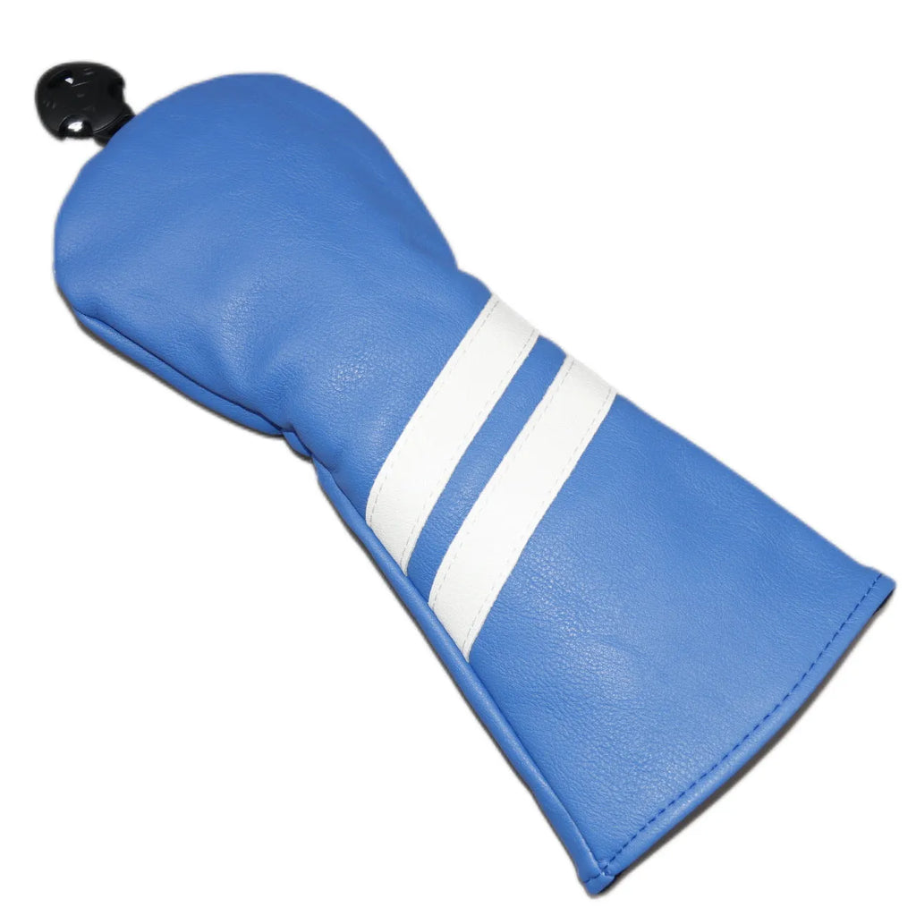 Two stripe golf club head cover sleeve for woods in blue, showing elastic PU material.