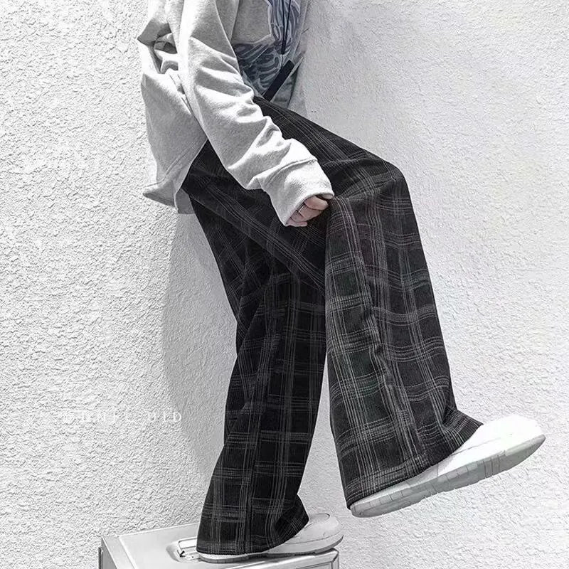 Japanese retro casual loose straight-leg plaid trousers in black or green colour