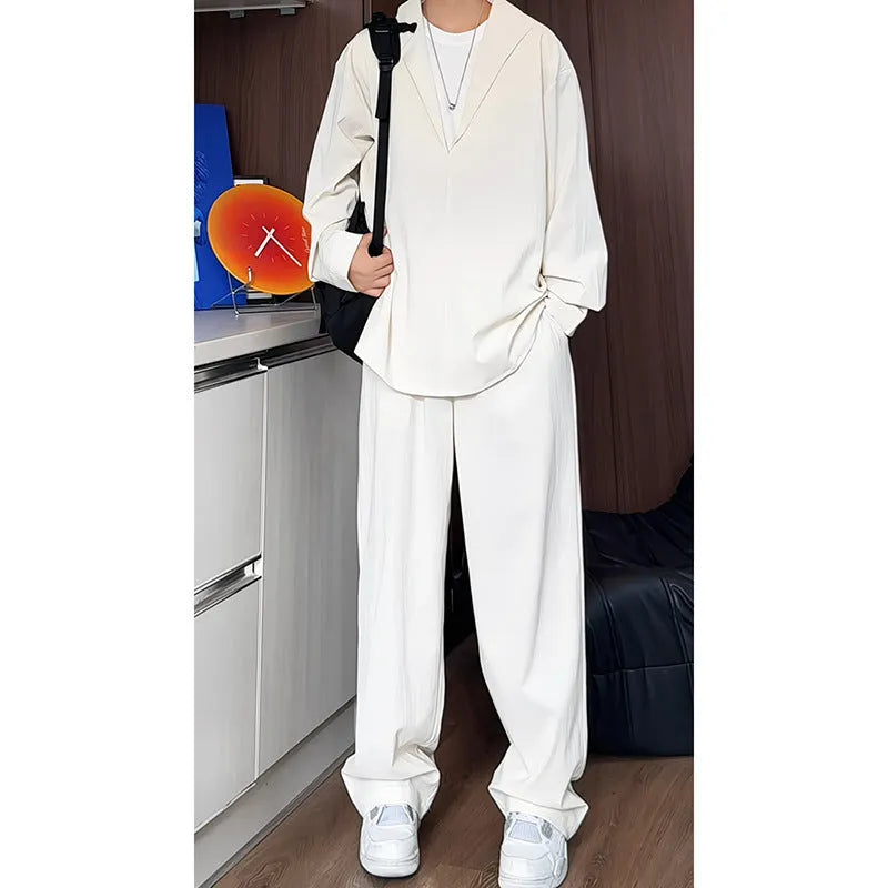 Men's casual long sleeve polo shirt and trousers two-piece set in slim fit