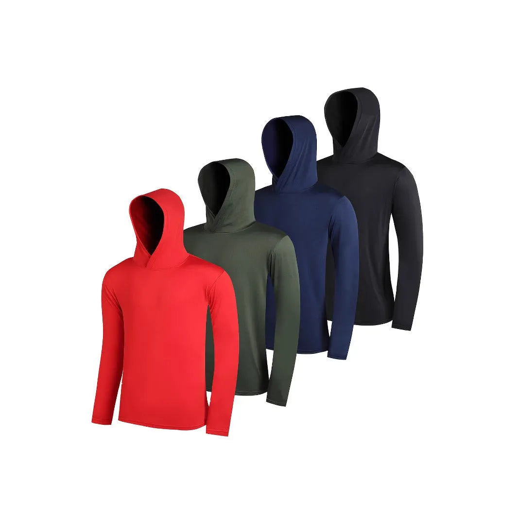 Set of four men's lightweight polyester hoodies on a hanger, showing colour options and style with hat.