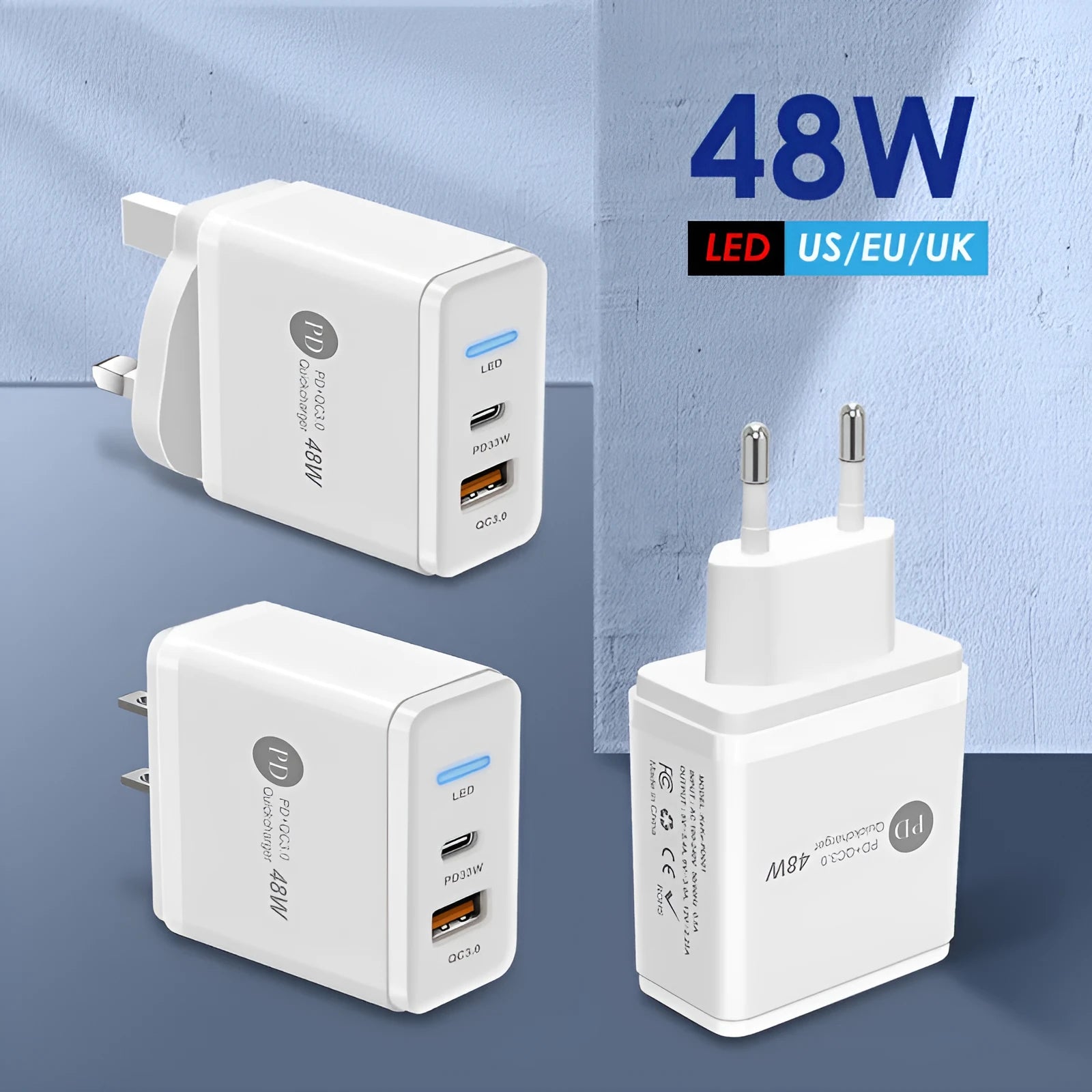 PD48W fast travel charger with UK three-pin plug and white casing