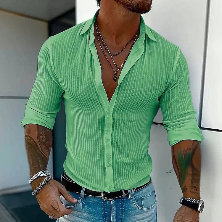 British-style loose fit men's striped long sleeve cardigan shirt on a hanger.