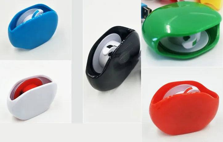 Automatic earphone cable winder retractor in various colours on a white background.