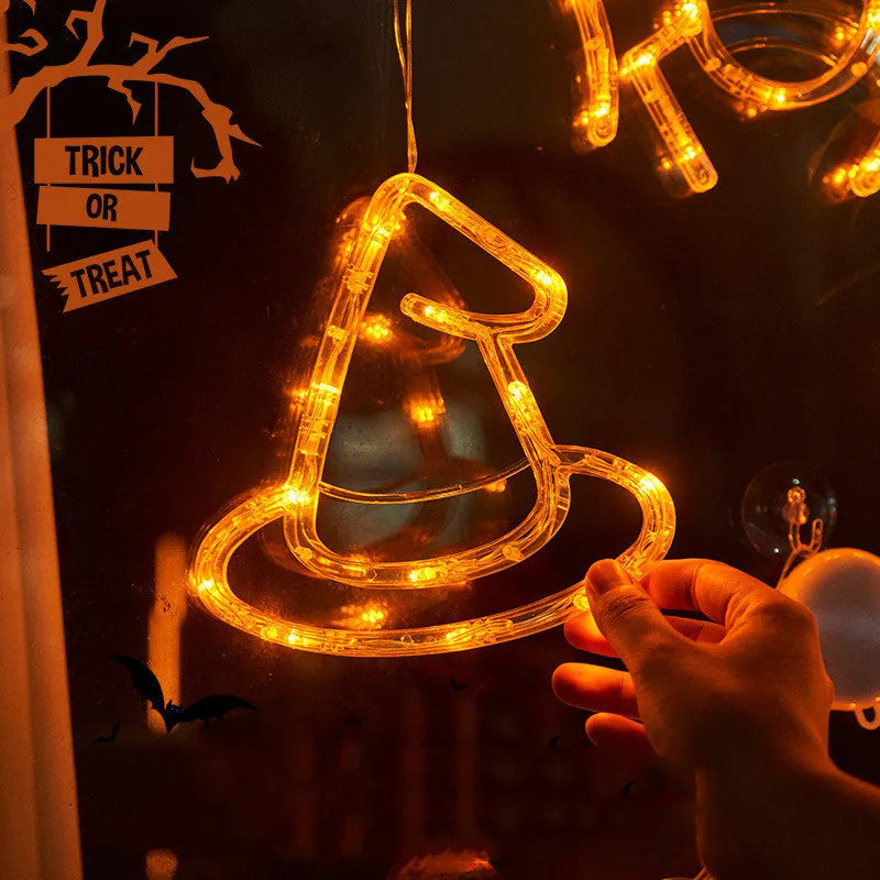 Halloween window hanging LED lights set with spider, pumpkin, and ghost decorations on suction cups