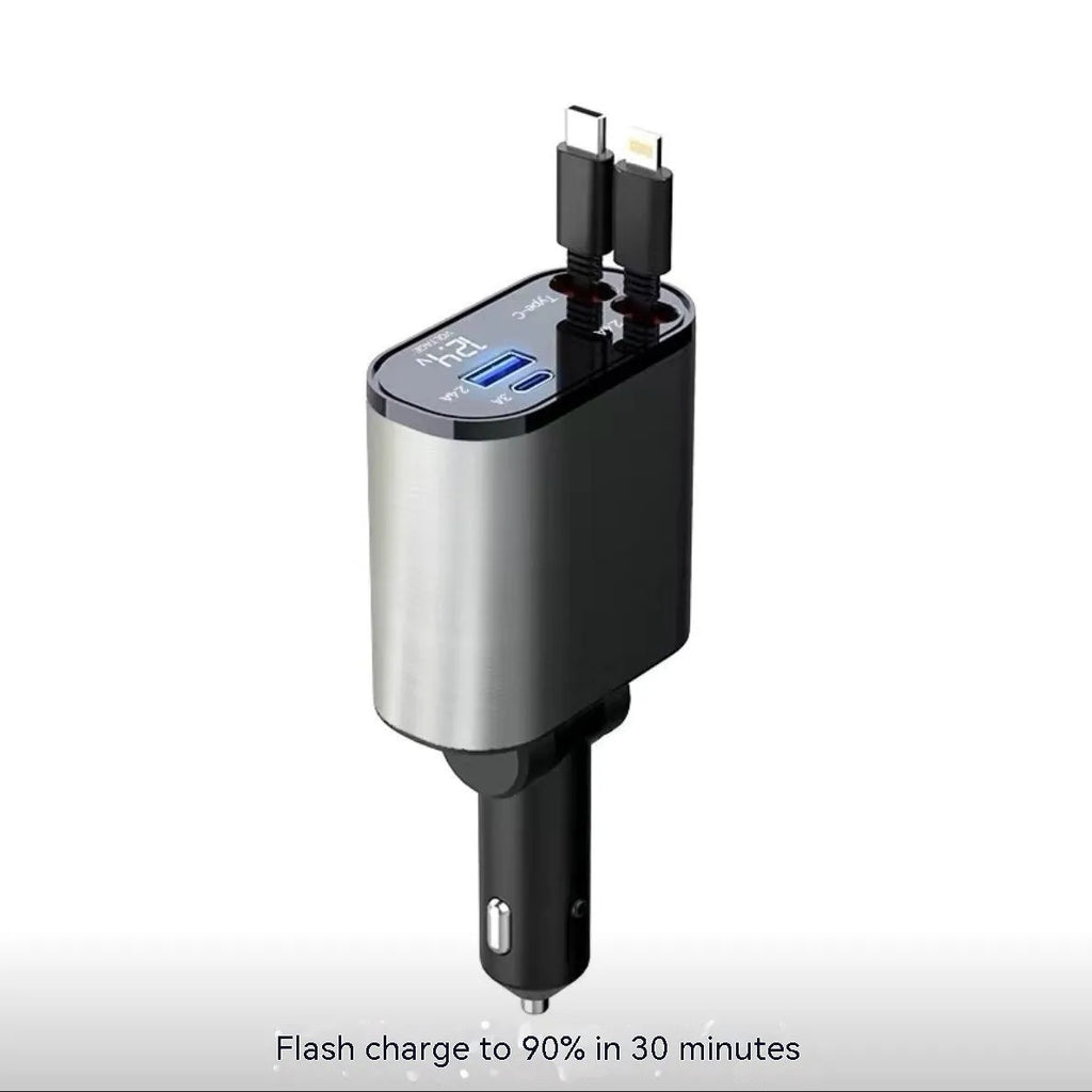 Automatic retractable car charger with USB ports plugged into a vehicle cigarette lighter socket.