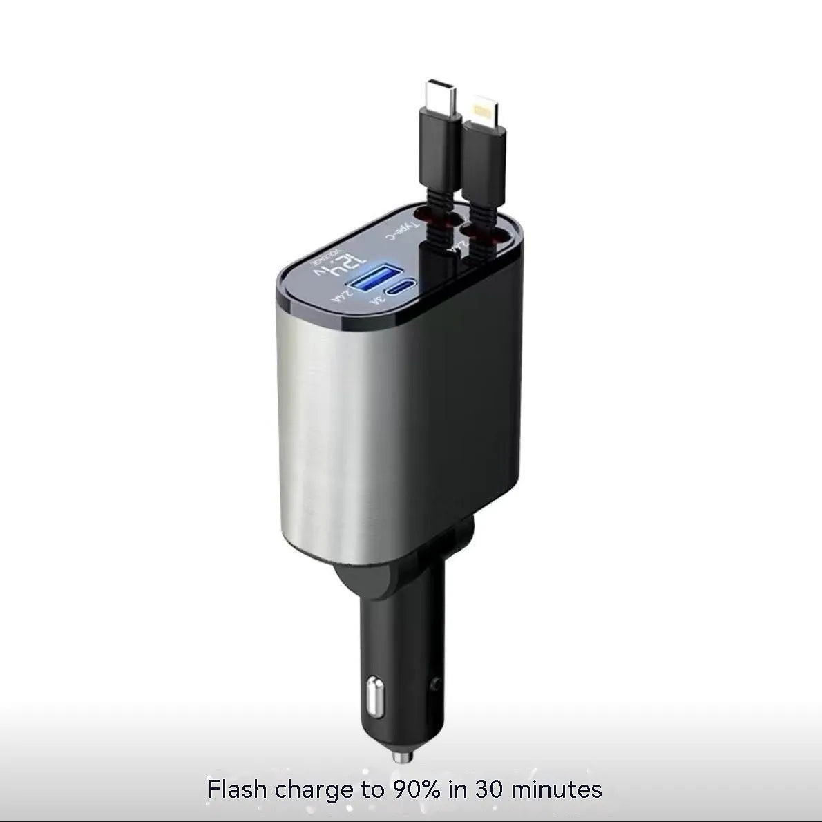 Automatic retractable car charger with USB ports plugged into a vehicle cigarette lighter socket.