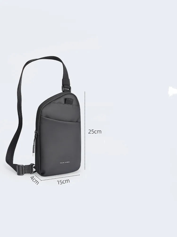 Men's elegant black Oxford cloth crossbody bag showing lightweight design and sewing thread reinforcement
