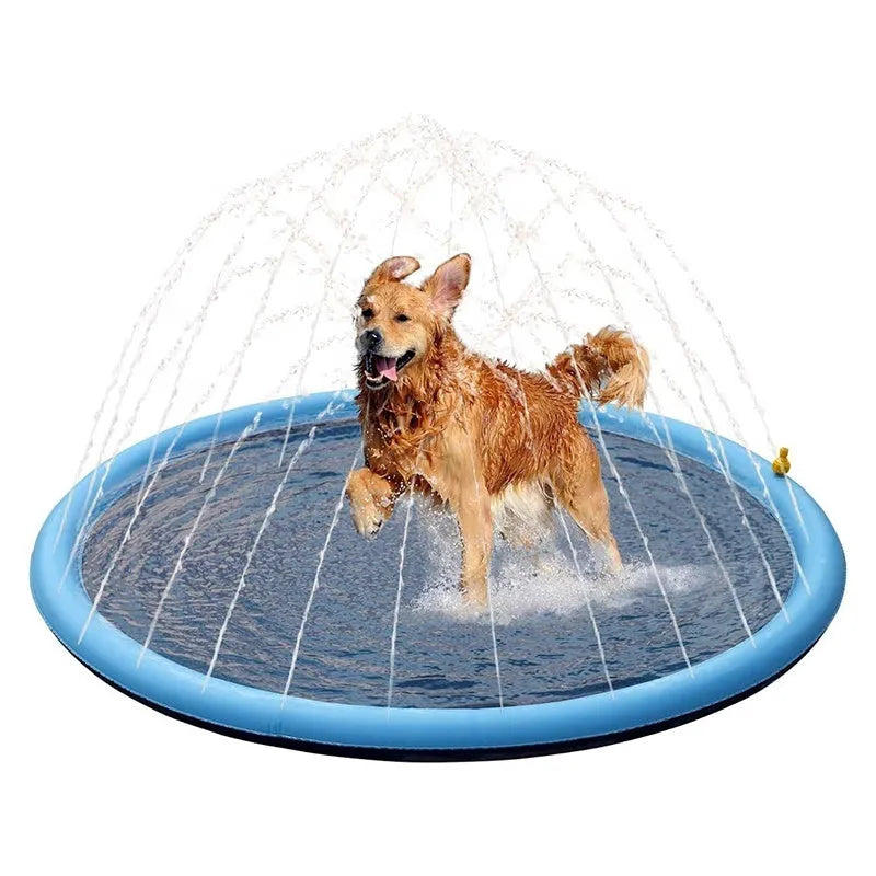 Blue anti-slip dog splash pad pool mat for outdoor water play in three size options.