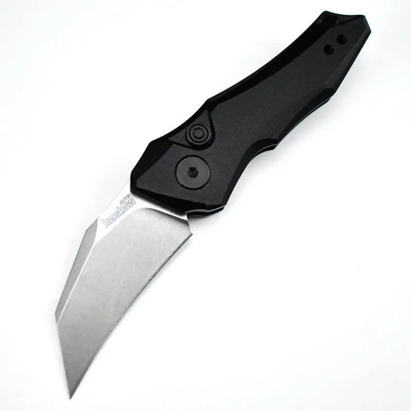 Black folding pocket knife with blade open showing 150mm length.