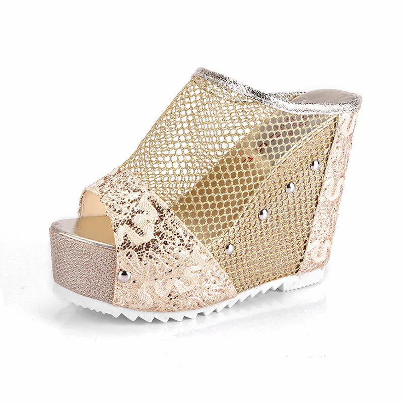 Korean style women's platform flip-flops with a hollowed-out chunky heel and mesh upper.
