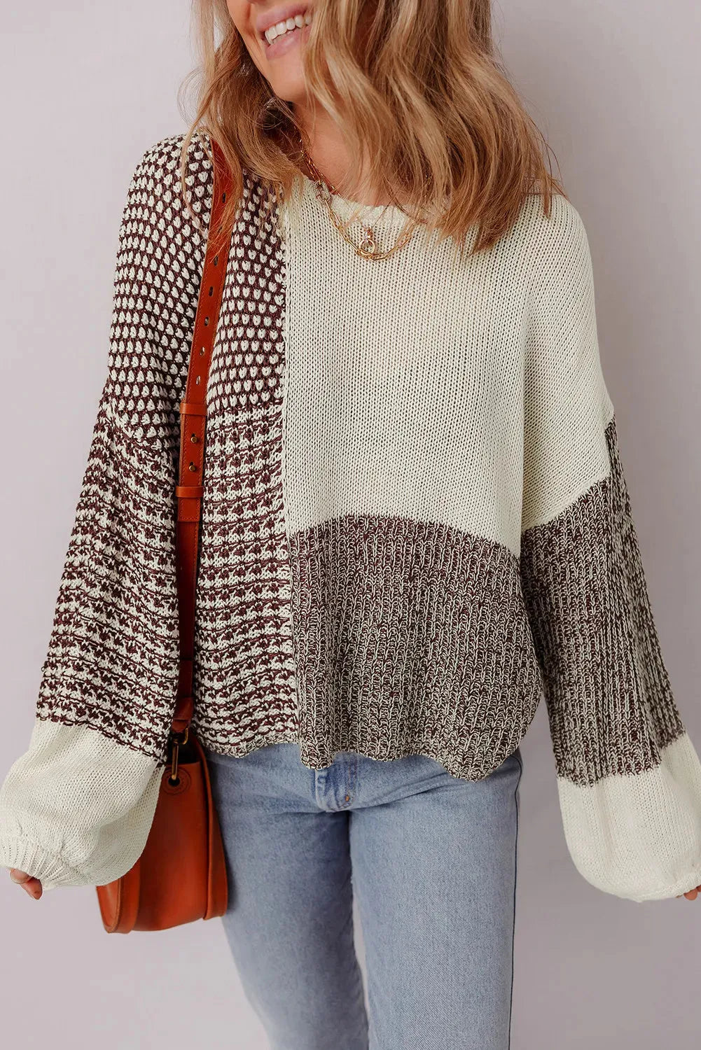 Dark khaki loose-fit sweater with colour block pattern and back tie detail