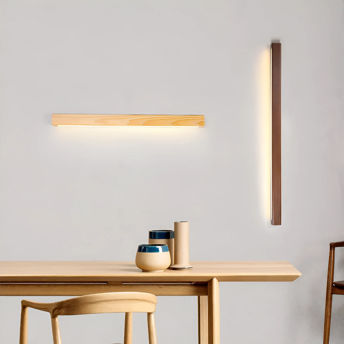 Walnut colour rectangular log strip wall lamp with minimalist design in three length options