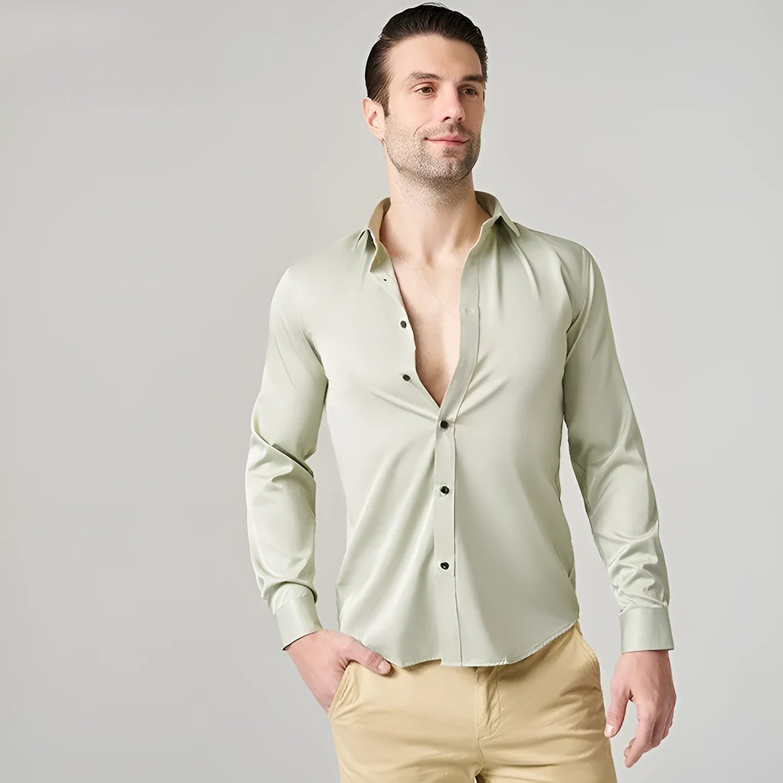 Men's stretch long sleeve work shirt in polyester, showing colour options and size range up to 3XL.