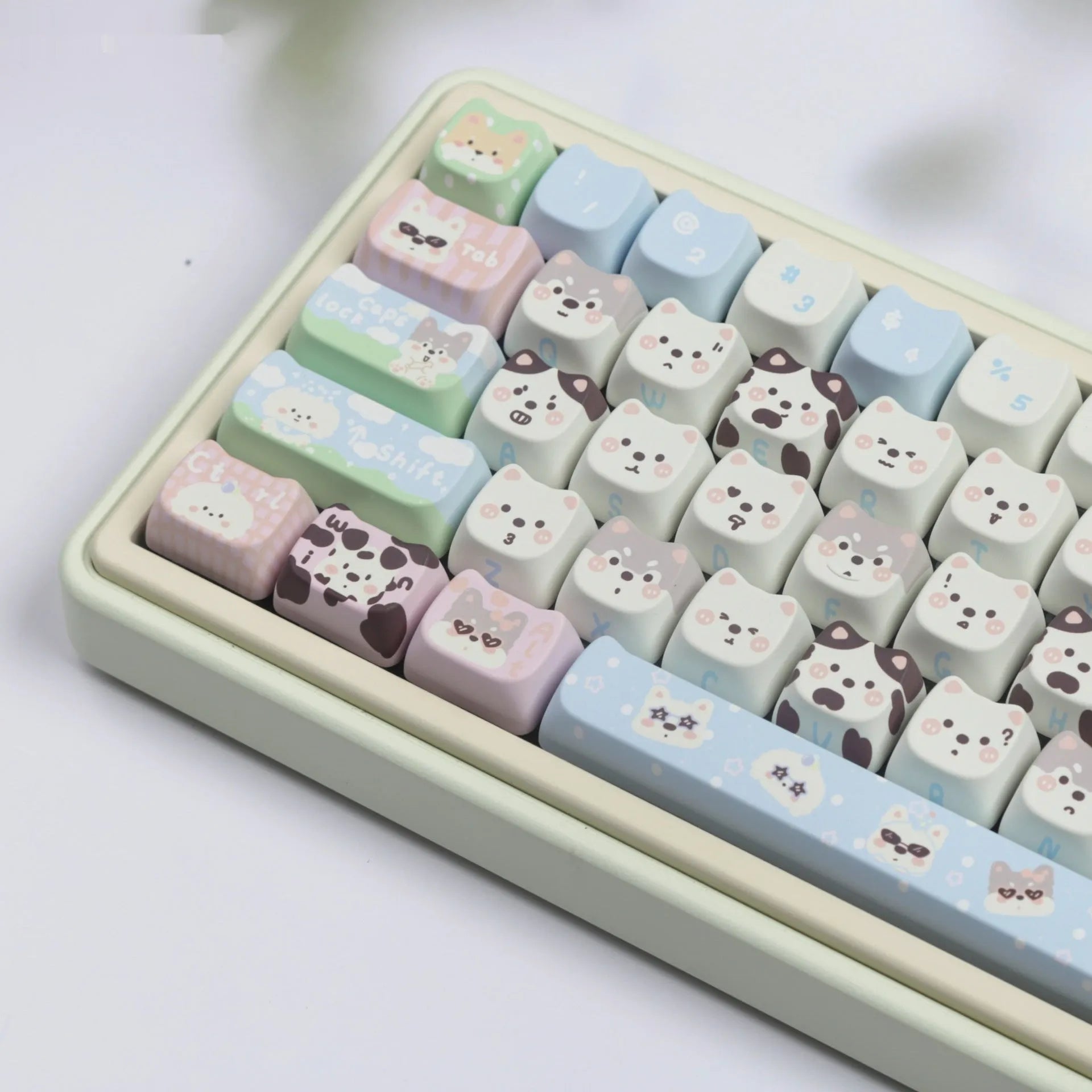 PBT key cap set with colourful cat and puppy anime artwork for mechanical keyboards