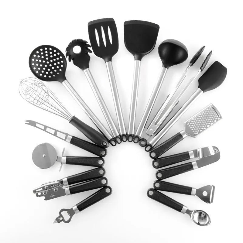 Black silicone kitchen utensil set with stainless steel handles comprising 16 pieces for cooking and baking