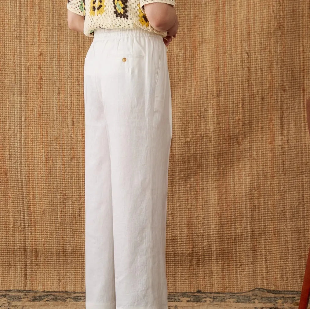 Women's linen high waist trousers with lace trim and elasticated waistband in straight-leg cut