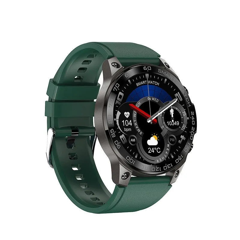 Bluetooth sports watch with AMOLED display showing heart rate metrics on black silicone strap