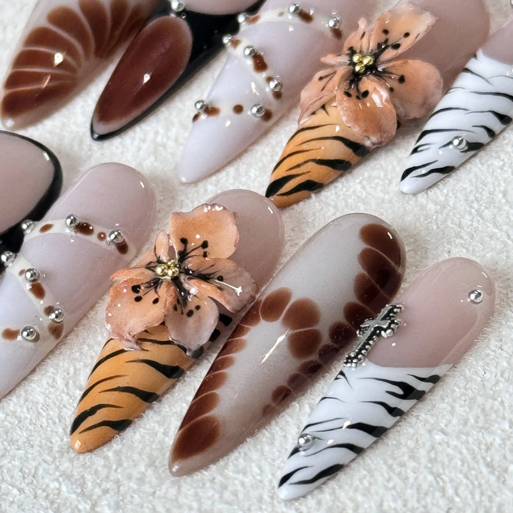 Handmade French style artificial nail stickers with leopard, cross, and flower prints in long-tip wear-resistant design.