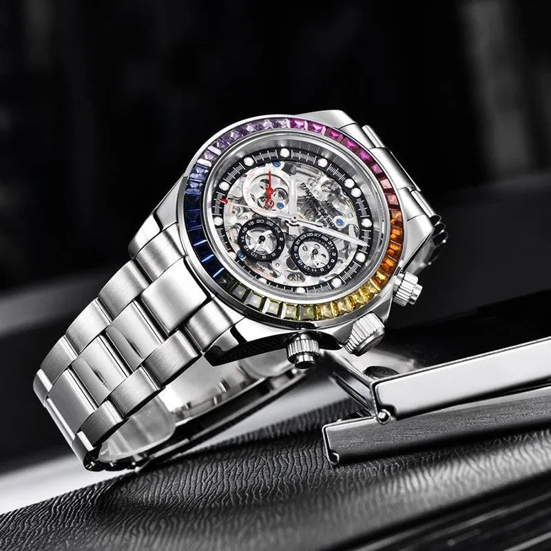Transparent men's mechanical watch with 40mm dial, sapphire crystal glass, stainless steel clasp, and steel belt or tape strap.