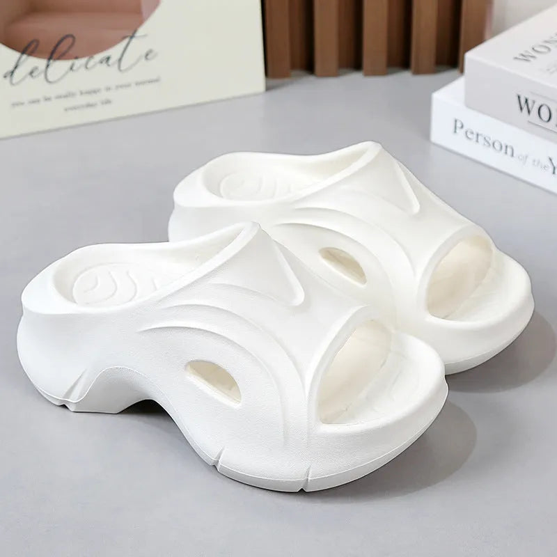 Women's EVA slippers with thick sole in black, rose red or white colours on beach background