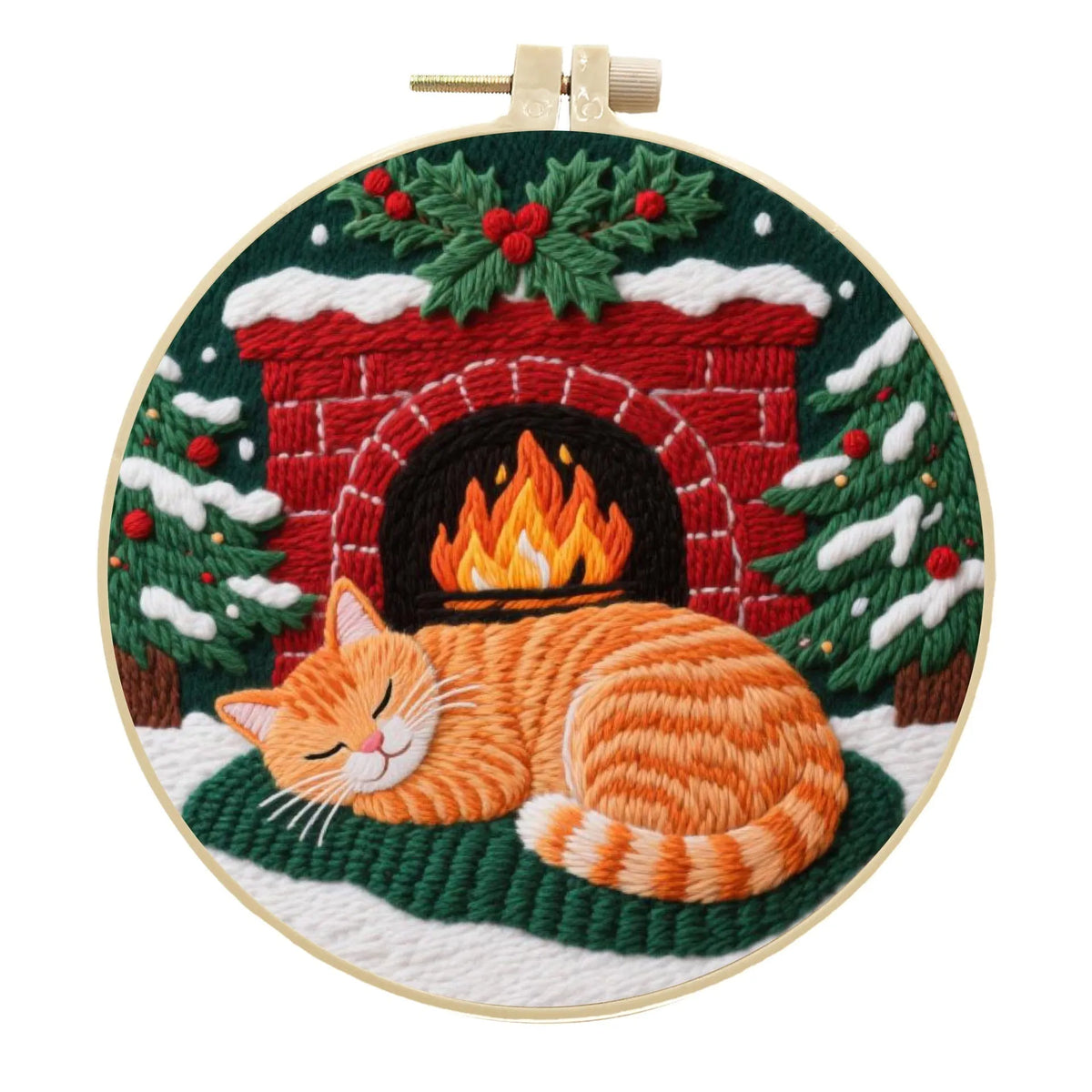 Embroidery DIY material package with autumn fruit cat designs on cotton linen fabric