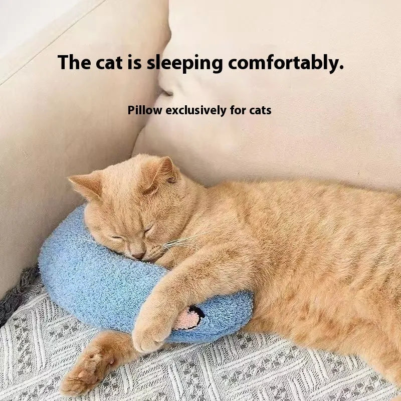 Blue U-shaped cat pillow with neck support in a question mark shape on a white background.
