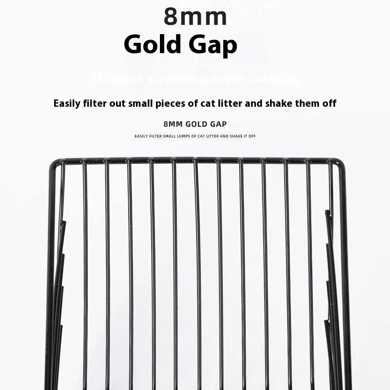 Black metal cat litter scoop with 0.8cm gap spacing between alloy tines