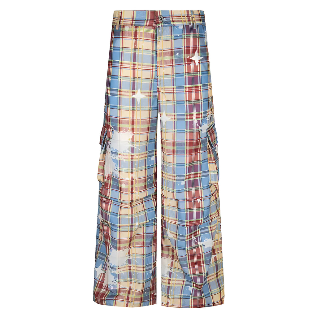 Man wearing blue retro plaid loose straight-leg casual overalls