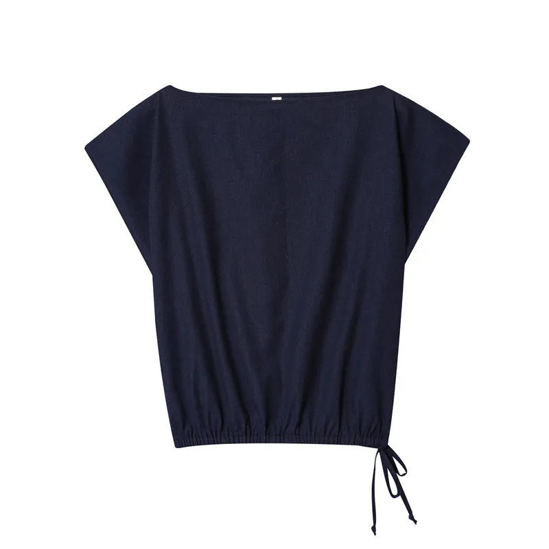 Women's linen-style shirt with flounced sleeves and matching wide-leg trousers in polyester blend fabric
