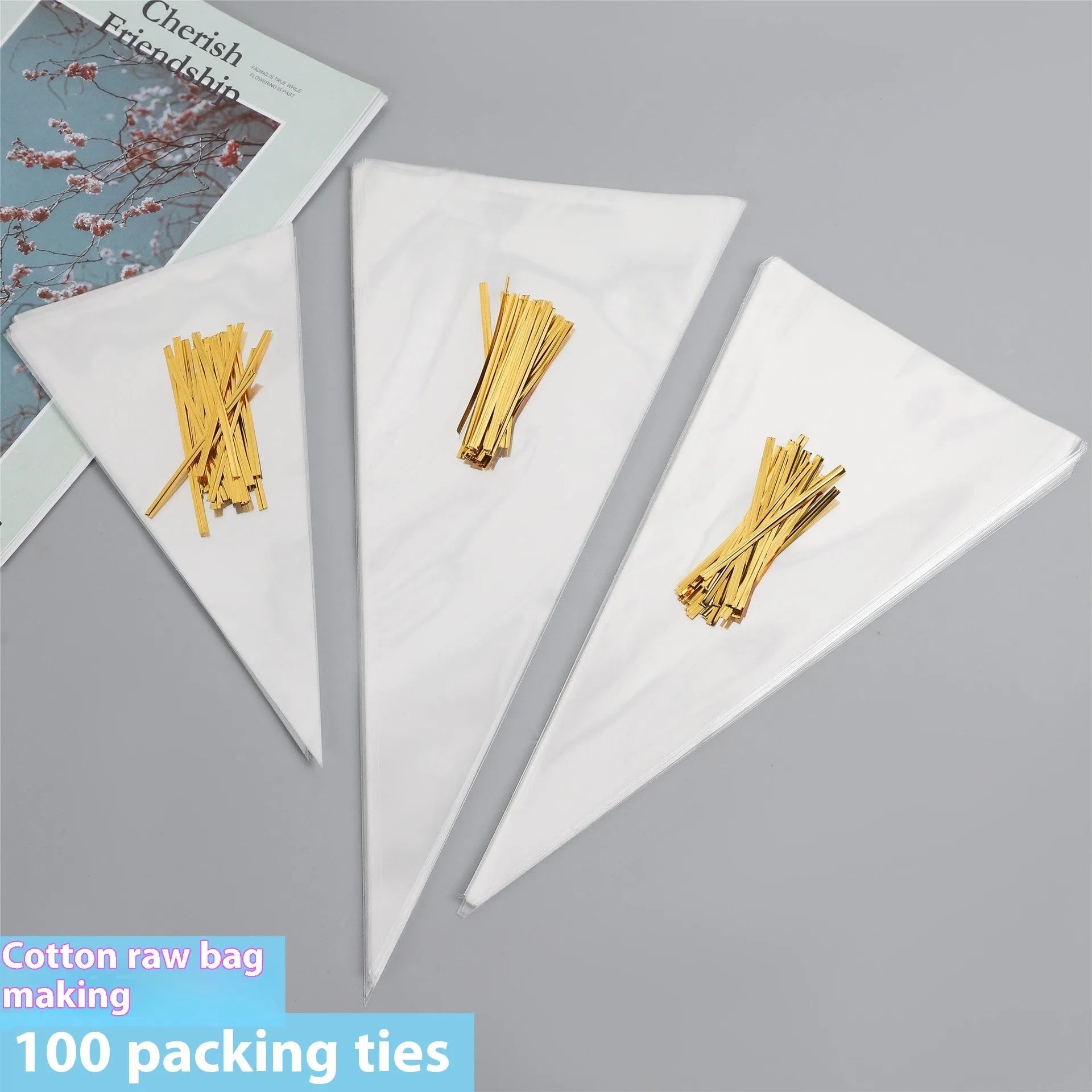 Triangle-shaped clear plastic packaging bag with a built-in metal tie wire for closure.