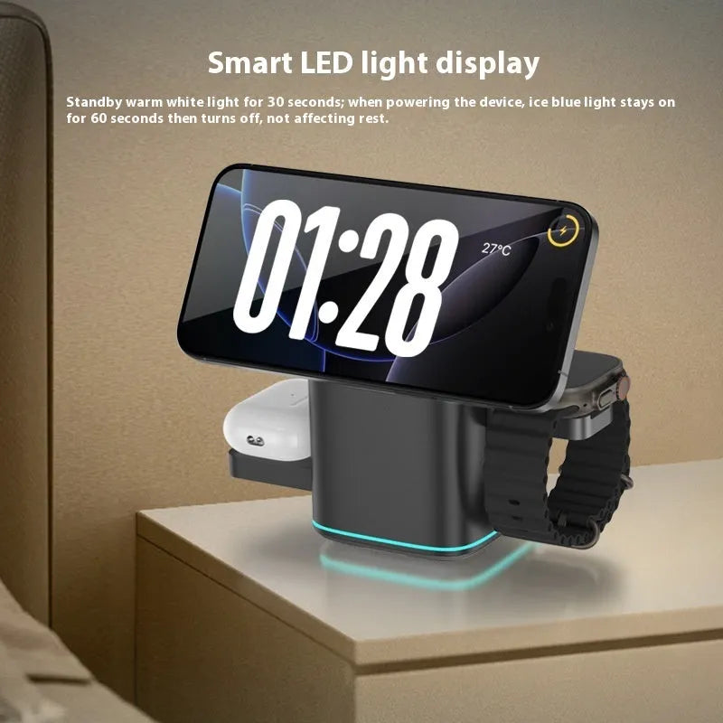 Black mobile phone magnetic wireless charging stand showing 180-degree rotation adjustment on a desk.