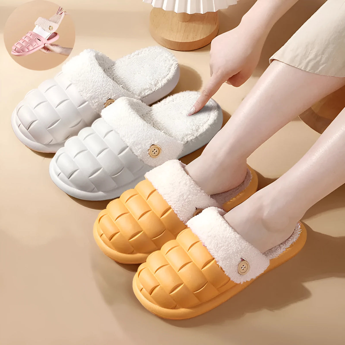 Plaid detachable EVA slippers for women in pink, showing plush lining and non-slip sole.
